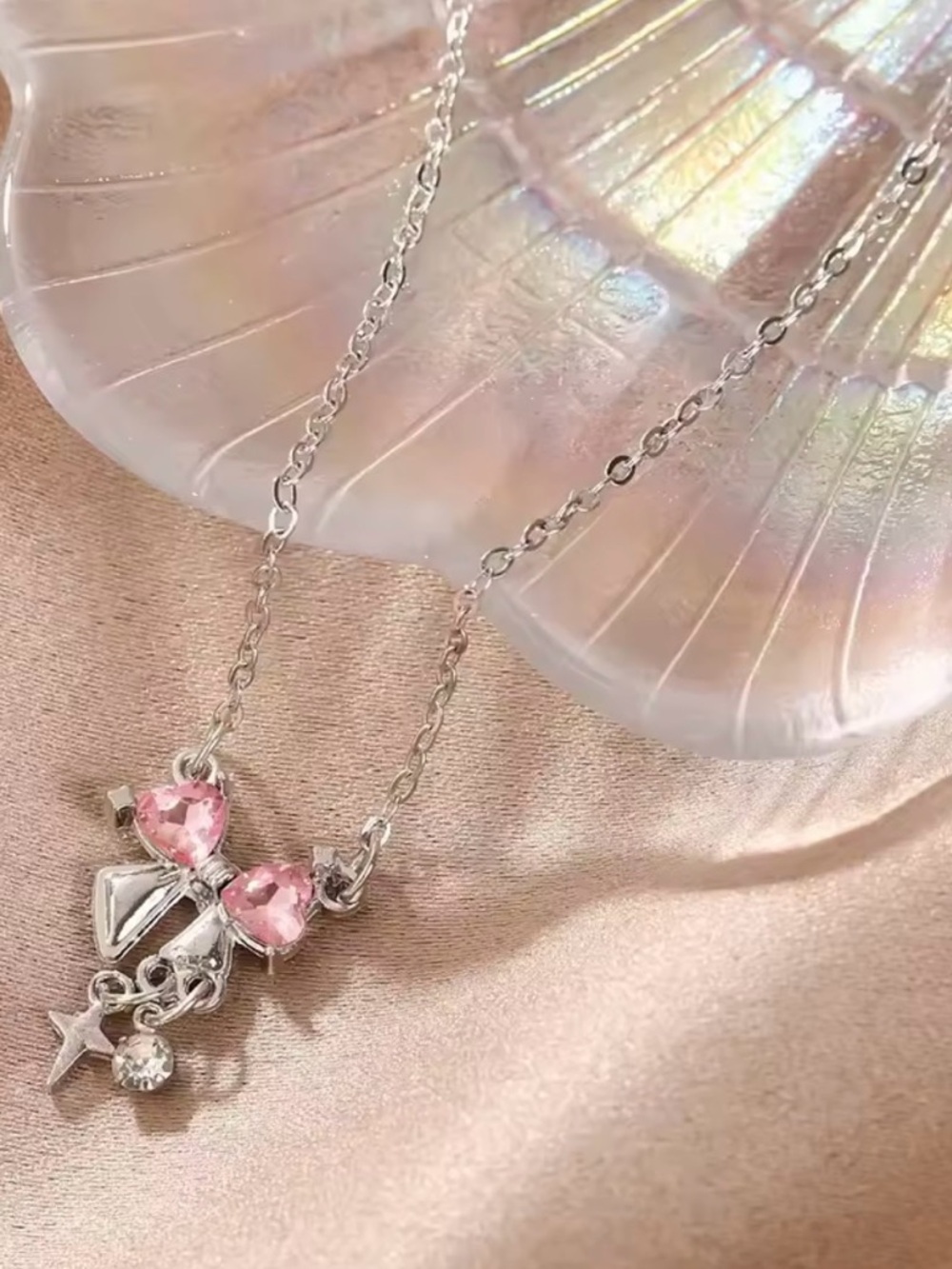 Pink Rhinestone Ribbon Bow Necklace Kawaii Y2K Balletcore Barbiecore Coquette